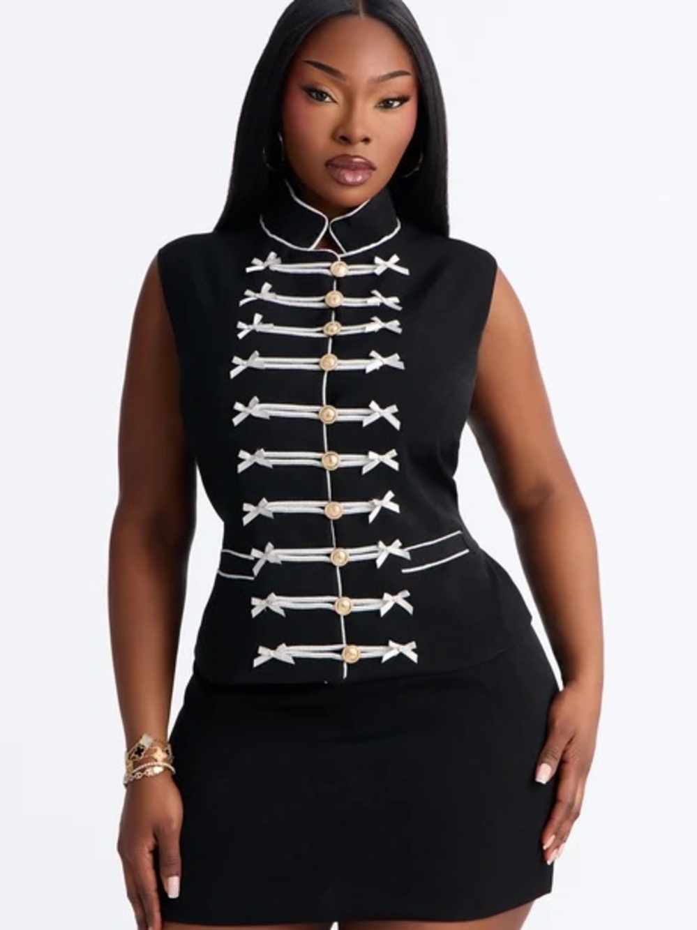 Sleeveless Black Military-Style Button Front Top